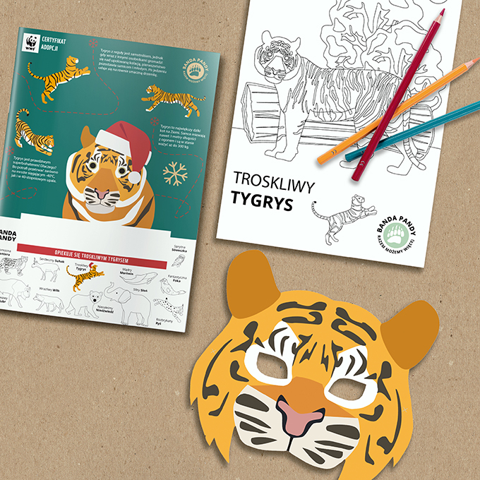 Świąteczny certyfikat adopcji Troskliwego Tygrysa, maska tygrysa i kolorowanka z tygrysem